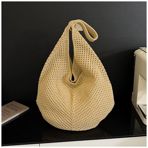 Minimalist beige hollow out knit beach tote bag with spacious bohemian design for women