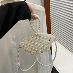 Handmade pearl woven handbag with elegant fan shape and detachable long chain strap