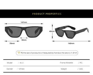 Detailed size specifications for small frame square sunglasses with full dimensions