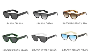 Detailed grid showing six color options for square frame sunglasses with wide temples