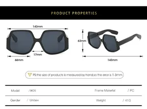 Detailed size chart for oversized irregular sunglasses including frame width and temple length