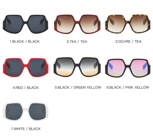 Detailed grid showing seven color options of oversized irregular square sunglasses