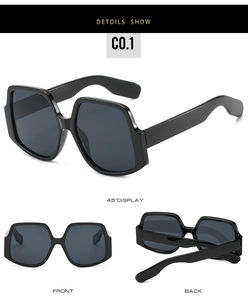Detail views of black geometric oversized sunglasses from front, back and side angles