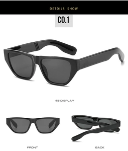 Detailed multi-angle views of black wide-frame square sunglasses with high-quality finish