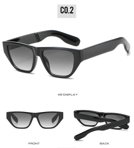 Multi-angle views of black square sunglasses featuring gradient grey lenses and wide frames