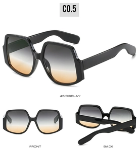 Three views of oversized irregular black sunglasses featuring grey to orange gradient lenses