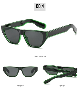 Detail view of rectangular cat-eye sunglasses in black and neon green with multiple angles