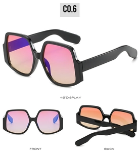 Detail view of large irregular sunglasses with black frames and pink-orange gradient lenses