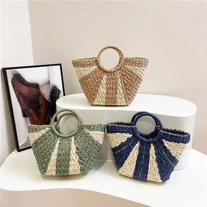 Borsa A Mano In Paglia Intrecciata A Righe Estate Spiaggia Vacanze Manico Circolare Forma Ventaglio Stile Conchiglia Donne Elegante