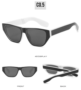 Detailed multi-angle views of black and white rectangle sunglasses with dark grey lenses