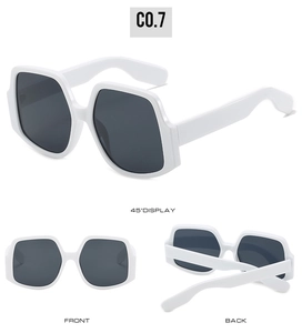 Three-angle display of white oversized square sunglasses with dark grey lenses