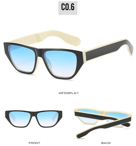 Three perspectives of two-tone small frame sunglasses with blue gradient lenses