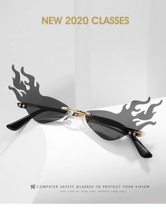 Détails de lunettes de soleil sans monture en forme de flamme avec verres gris et métal doré