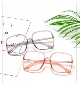 Detail of square oversized glasses frames in translucent purple and pink orange colors