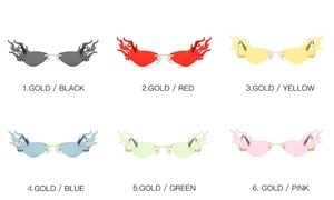 Détail de lunettes de soleil sans monture en forme de flamme en six coloris variés