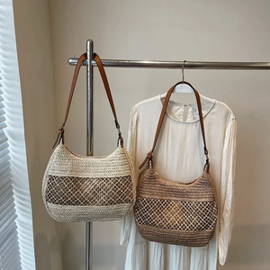 Damen Gewebte Stroh Hobo Tasche Mit Hohlmaschen Leder Verstellbarem Riemen Sommer Strandurlaub Minimalistische Schultertasche