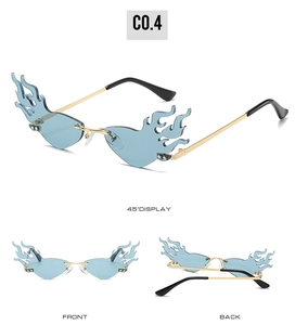Vue détaillée de lunettes de soleil sans monture en forme de flamme avec verres bleus