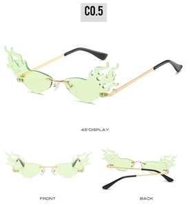 Vue en trois dimensions de lunettes de soleil flamme sans monture vert clair et branches dorées