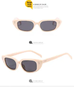 Detailansicht der ovalen Cateye-Sonnenbrille mit beige-mattem Rahmen und grauen Gläsern