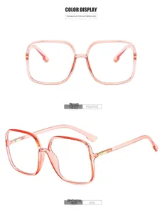 Front and 45-degree side views of square pink blue light blocking glasses frames