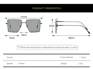 Detailed size chart for square metal sunglasses showing precise frame and lens dimensions