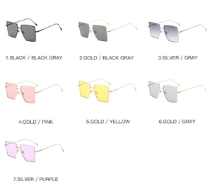 Detailed grid of seven square metal frame sunglasses in various gradient ocean lens colors