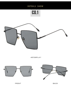 Detail view of square metal sunglasses showing front, back, and 45-degree angle display