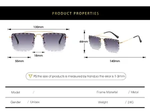 Detailed size chart for rimless sunglasses with metal frame and dimensions in millimeters