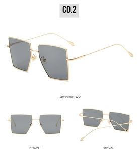 Three-view perspective of stylish gold metal square sunglasses with grey gradient lenses