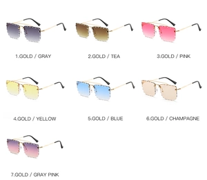 Collection of seven rimless square sunglasses with gold metal temples and gradient lenses