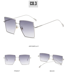 Detailed views of silver square metal sunglasses with gradient purple lenses from three angles
