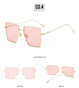 Three-view display of gold square metal sunglasses with light pink gradient lenses