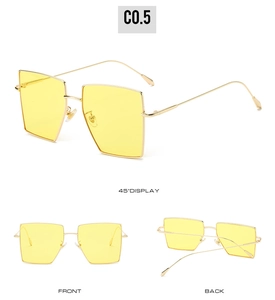 Detailed views of square metal sunglasses with lemon yellow gradient lenses and gold frame