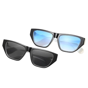 Retro small frame square sunglasses in black with solid black and blue gradient lenses