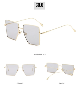 Three-angle view of square metal sunglasses with gradient lenses and gold frames