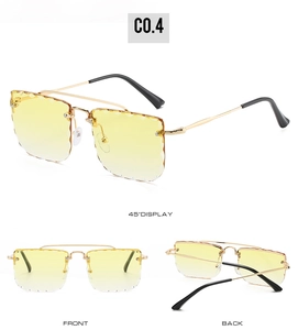 Three-angle views of rimless square sunglasses with yellow lenses and gold metal frame