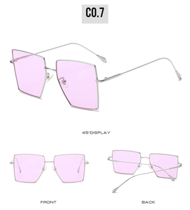 Multiple views of metal square sunglasses with lavender lenses and silver frames
