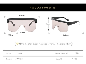Detailed dimensions of oversized PC shield sunglasses with weight and frame measurements