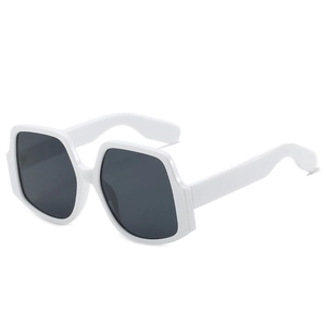 Modern white oversized irregular sunglasses with dark grey lenses in a minimalist style