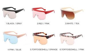 Matrix showing six colorful oversized shield sunglasses with various lens tint options