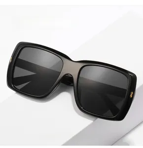 Gros plan sur des lunettes de soleil carrées noires avec rivets dorés sur socle blanc