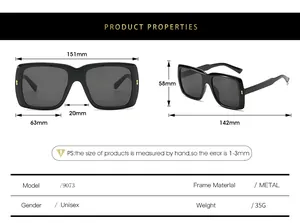 Tableau des tailles détaillé pour lunettes de soleil carrées avec branches en métal