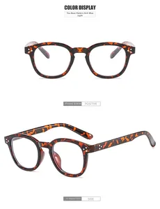 Détails de montures de lunettes rétro écaillées avec rivets et verres anti-lumière bleue