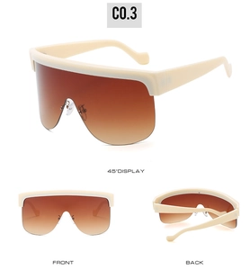 Three-way view of oversized cream shield sunglasses with brown gradient lenses