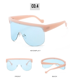 Detail view of pink oversized wrap-around sunglasses with light blue translucent lenses
