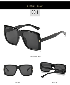 Trois vues de lunettes de soleil carrées noires avec charnières en métal doré