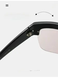 Detailed macro view of durable metal hinges and model C1 specifications on sunglasses frame