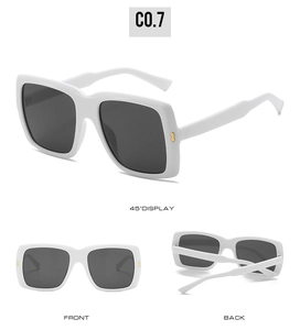 Détails de lunettes de soleil blanches carrées avec charnières dorées et verres gris foncé
