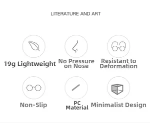 Detail-Icons für 19g Gewicht PC-Material und Komfortmerkmale der quadratischen Brille