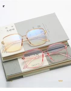 Nahaufnahme modischer TR90 Brille in transparentem Rosa und Champagner auf Büchern